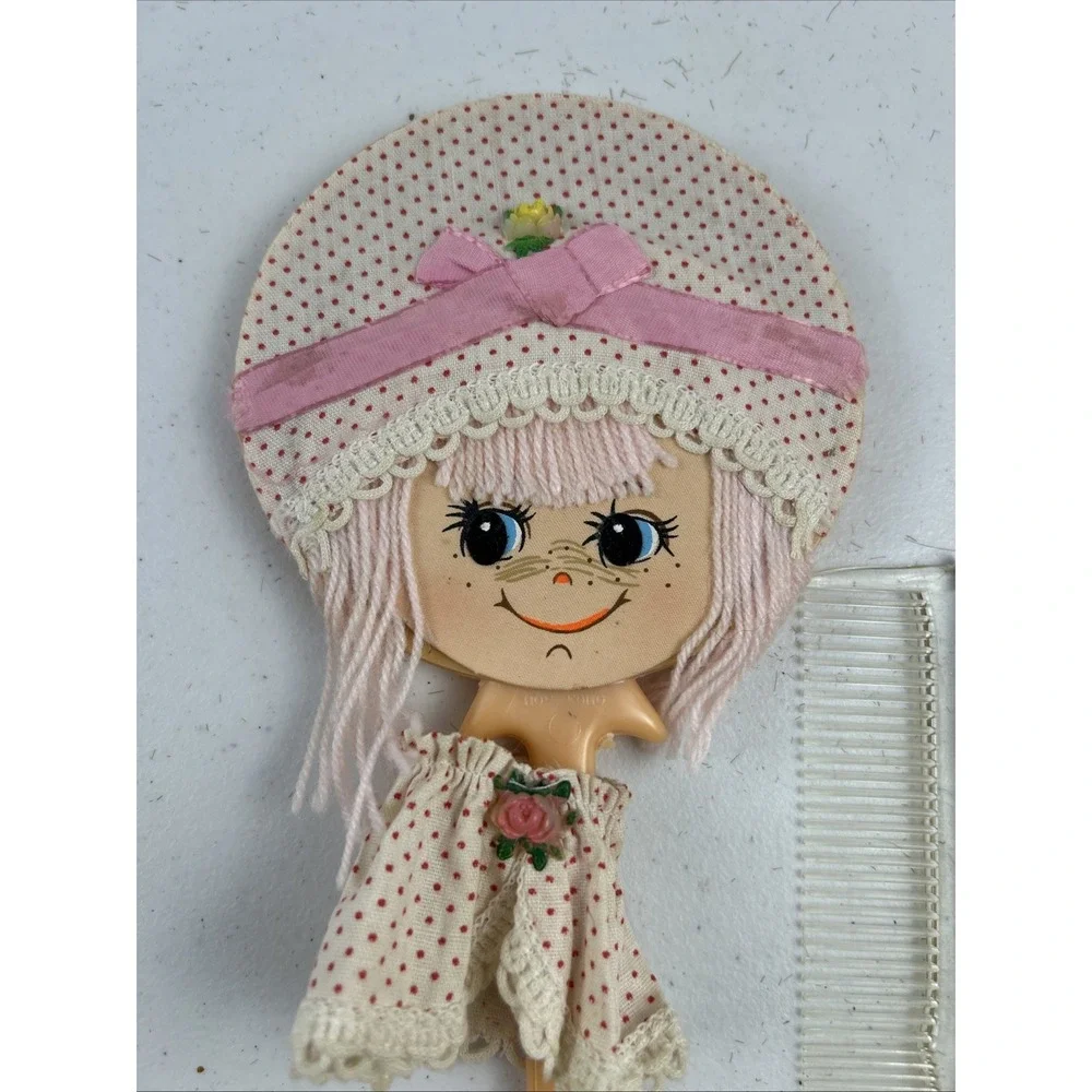 Vintage Child's Doll Face Kitschy Hand Vanity Mirror, Comb, Brush Set